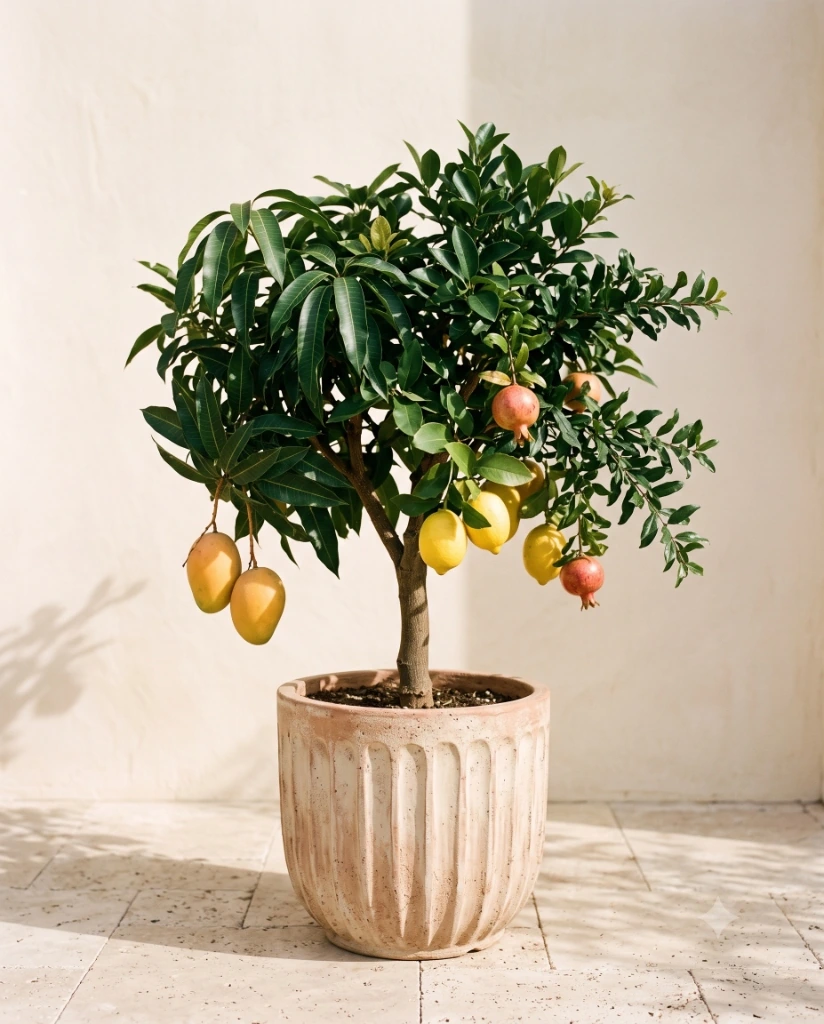 Illustrative mature potted fruit tree with fruit, shown for reference